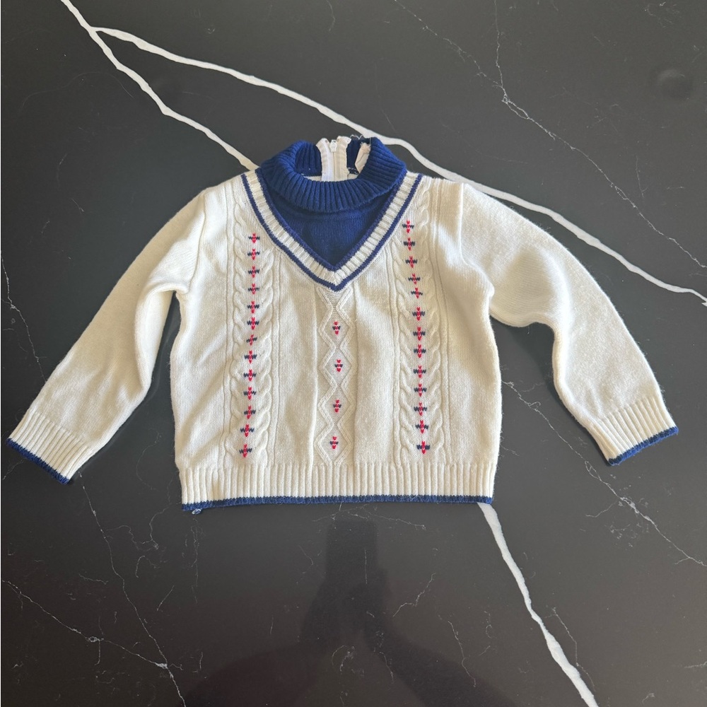 Vintage White and Blue Sweater with Embroidered Details
